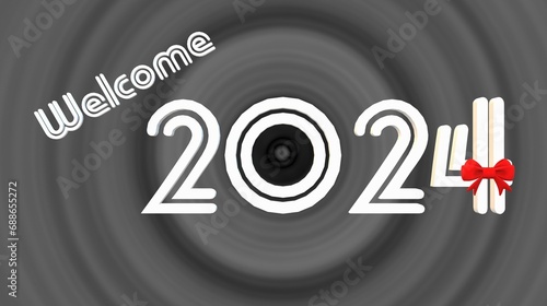 hypnosis effect on spiral swirling circle blackhole rings at center on abstract background with welcome 2024 text, 3D rendering for geometry and space concepts