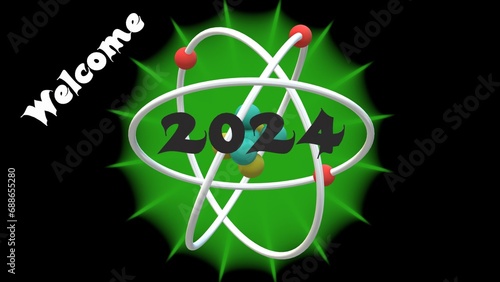 DNA circle with green germ object with welcome 2024 text on creative abstract background with 3D rendering illustration for new year science theme concepts