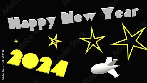 space theme with flying spacecraft and happy new year 2024 text on creative abstract background with 3D rendering illustration for space theme concepts