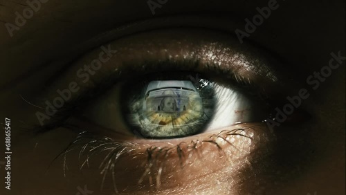 Macro shot of eyes with Money counting reflection. Business and finance concept photo