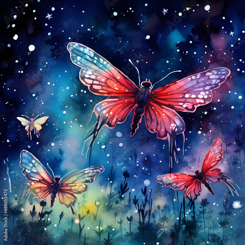 a digital dreamscape featuring abstract fireflies with watercolor-inspired strokes, cosmic elements, and dynamic compositions