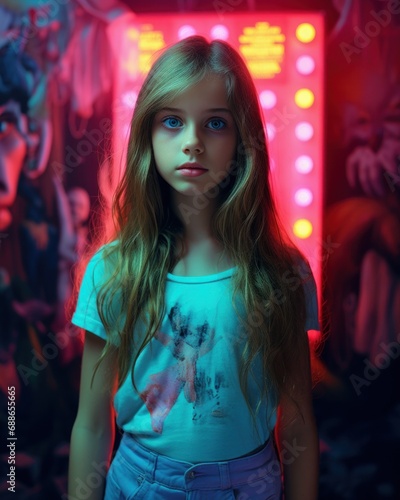 Mysterious young girl in a moody neon-lit ambiance, showcasing a blend of innocence and urban sophistication