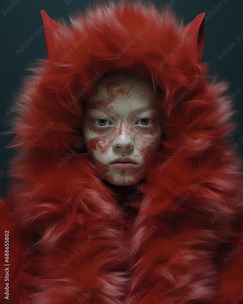 A striking pose of a person with a vibrant red fur coat and tribal-like facial markings A striking pose of a person with a vibrant red fur coat and tribal-like facial markings