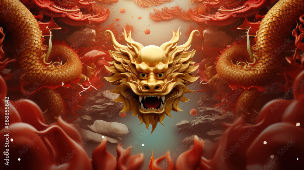 Obraz premium Fiery golden dragon face amidst swirling clouds, symbolizing Chinese New Year