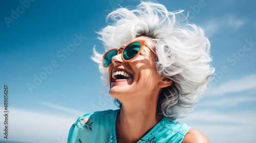 a mature woman with gray hair is laughing in sunglasses, vibrant energy