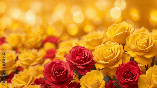 Sant Jordi card. Yellow and red roses background with bokeh lights photo