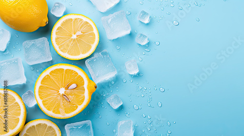 orange and yellow lemons with cubes of ice and drops isolated on the blue background with empty space, top view 