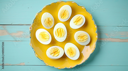 eggs in a bowl, Boiled Chicken Eggs On  Plate on woodeen background,  The Concept Of Easter Holidays ,Flat Lay Top View photo