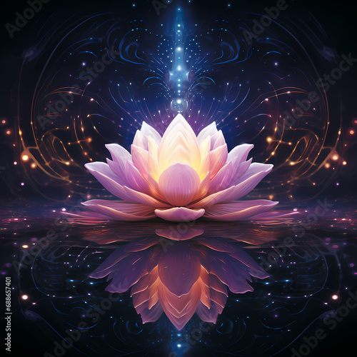 a digital symphony featuring abstract lotus elements with mirage-like distortions during nightfall  influenced by quantum mechanics  forming dynamic and harmonious compositions