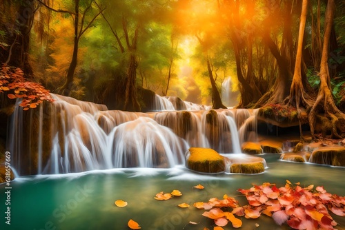   amazing of huay mae kamin waterfall in colorful autumn forest at kanchanaburi thailand-