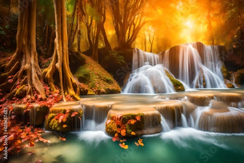 **amazing of huay mae kamin waterfall in colorful autumn forest at kanchanaburi,thailand- photo