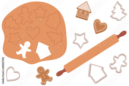 Christmas cookies. The process of making homemade cookies. Gingerbread cutter molds, raw dough and rolling pin.