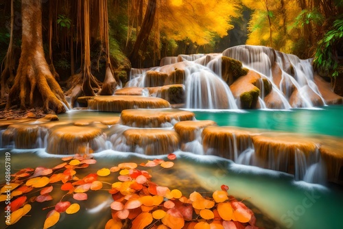 **amazing of huay mae kamin waterfall in colorful autumn forest at kanchanaburi,thailand- photo