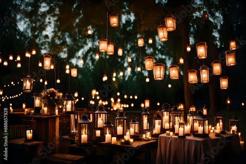 **evening wedding ceremony with a lot of vintage lanterns, lamps, candels,unusual outdoor ceremony decoration. beautiful garden party concept-