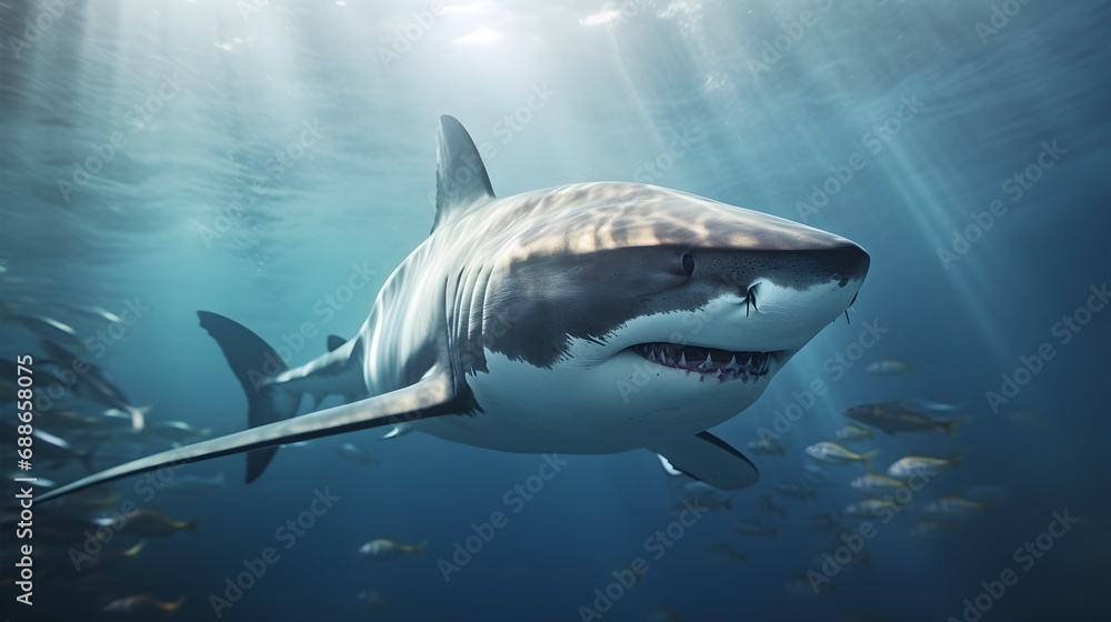 Close-up details of a shark's streamlined body and unique features, background image, generative AI