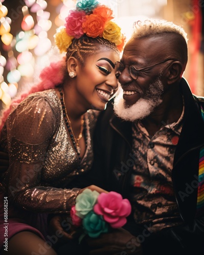 a man and a young woman celebrate a gay marriage with a vibrant color photo