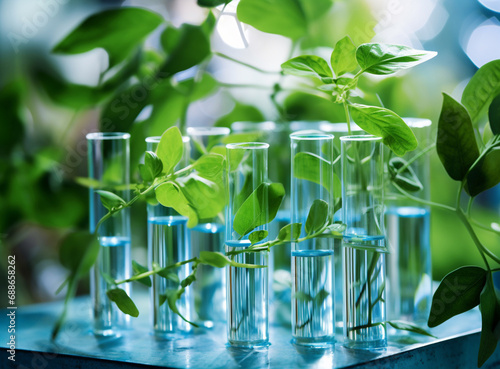 In the biotechnology science laboratory, a beaker and flask stand amidst vibrant green leaves, merging the precision of scientific research with the beauty of nature. Generative AI.