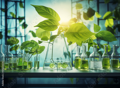 In the biotechnology science laboratory, a beaker and flask stand amidst vibrant green leaves, merging the precision of scientific research with the beauty of nature. Generative AI.