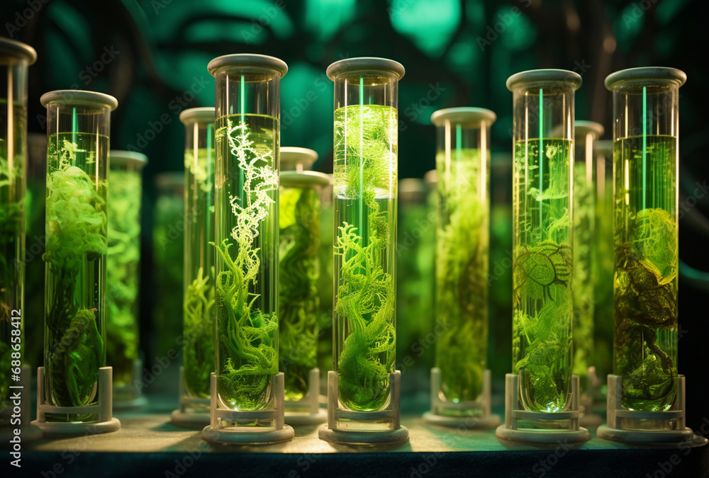 In the biotechnology science laboratory, a beaker and flask stand amidst vibrant green leaves, merging the precision of scientific research with the beauty of nature. Generative AI. In the biotechnology science laboratory, a beaker and flask stand amidst vibrant green leaves, merging the precision of scientific research with the beauty of nature. Generative AI.