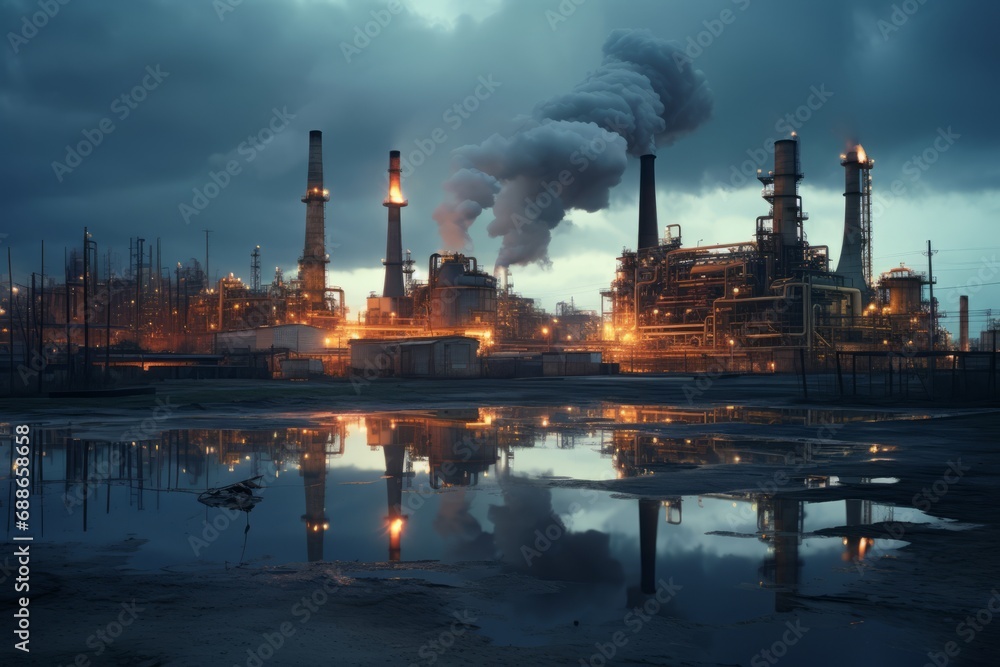 Industrial Landscape with Smokestacks and Refinery at Night Industrial Landscape with Smokestacks and Refinery at Night