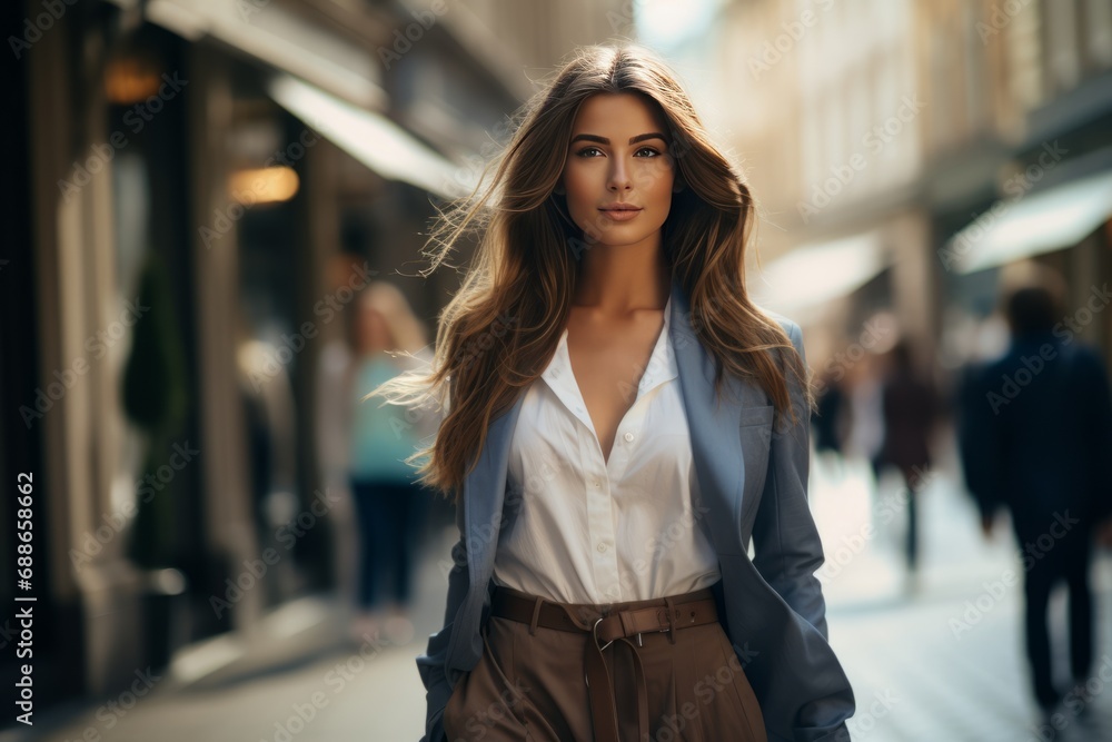 Young Woman Walking Confidently Down a Busy Street