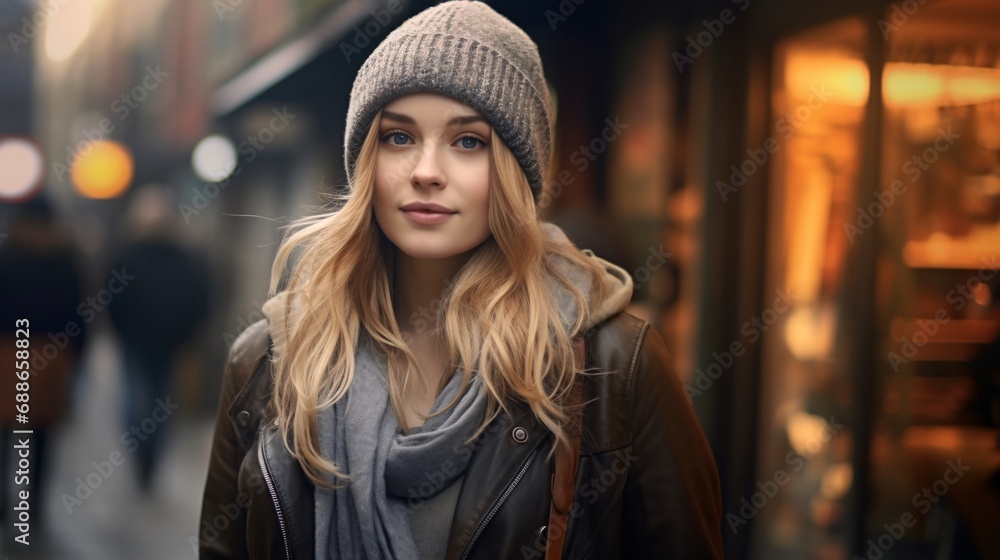 beautiful blonde woman walking in the alleyway wearing a beanie
