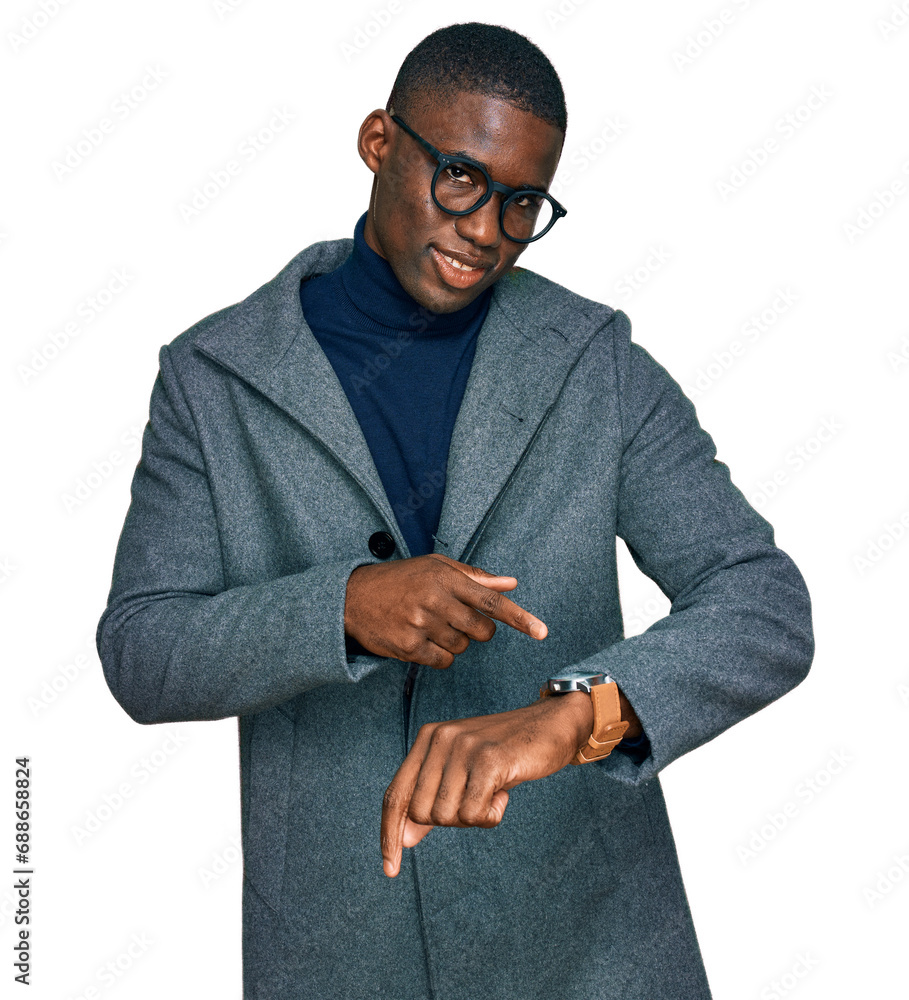 Φωτογραφία Young african american man wearing business clothes and glasses in hurry pointin