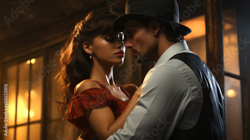 Argentinian Tango Dance Duo in Embrace. Concept of Passionate Elegance, Rhythmic Harmony, and Intimate Connection on the Dance Floor