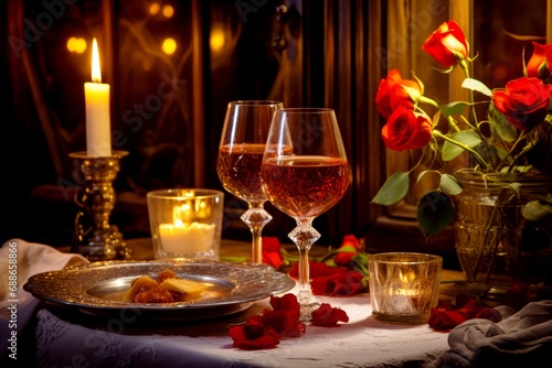 Romantic candlelight table setting with candles, rose, glasses, wine in the night city background. The Ideal Date Night Scene, Perfect for Special Occasions. 