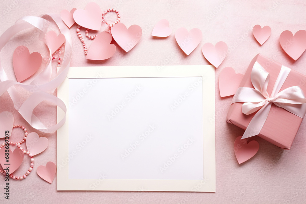 a banner for Valentine's day,on a pink background there is a sheet of white paper for text, surrounded by ribbons,hearts and a gift,the concept of a greeting card for Valentine's day a banner for Valentine's day,on a pink background there is a sheet of white paper for text, surrounded by ribbons,hearts and a gift,the concept of a greeting card for Valentine's day