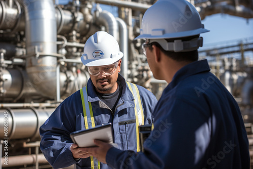 two refinery workers discuss working moments against the background of an industrial facility, the concept of oil and gas refining, economics, energy resources, ecology and sustainable development photo