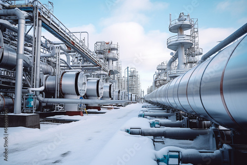 an oil and gas refining plant with a network of extended pipelines,in winter, the concept of oil and gas refining,economics,energy resources, ecology and sustainable development