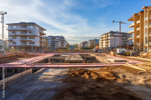 a construction site with a high crane,with a prepared foundation for the construction of a new building,the concept of construction investment,urban development,modern technology and engineering