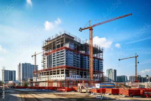 construction site with a high crane,where a new building is being built,panoramic view,construction investment concept,urban development,modern technology and engineering