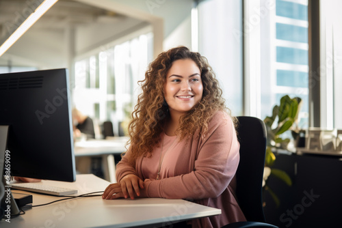 a plump woman of plus-size, a manager, in pink business clothes sits at a desk in front of a monitor and smiles sweetly in a modern office, the concept of diversity photo