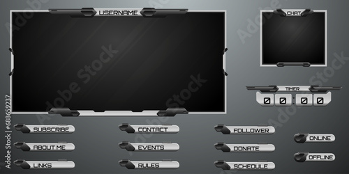 Futuristic Live Stream Overlay Webcam Screen Panel Metal Border Frame and Stream Alert Screens for Video Broadcast