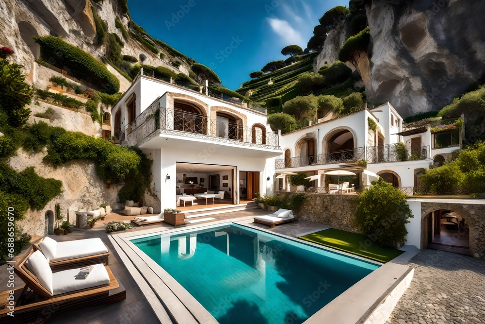 luxurious villa nestled along the breathtaking amalfi coast of italy, with panorama views of the sparking mediterranean sea and cliffside terraces-