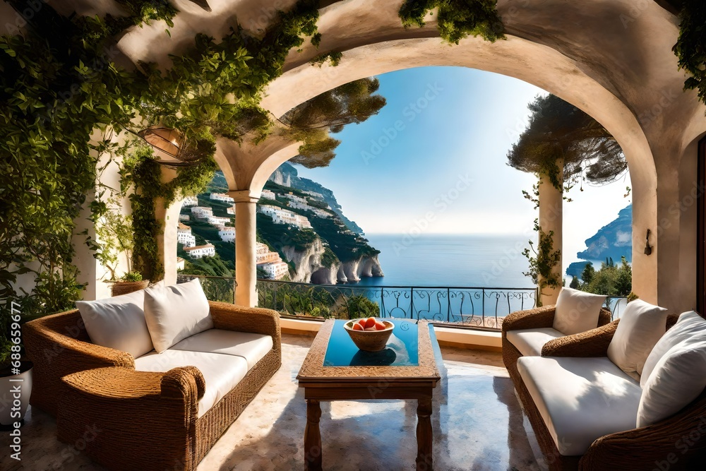 **luxurious villa nestled along the breathtaking amalfi coast of italy, with panorama views of the sparking mediterranean sea and cliffside terraces--