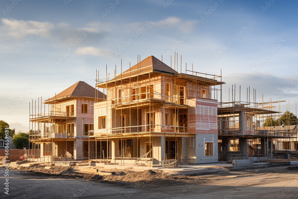 Obraz premium new house emerges into reality, supported by a temporary network of wooden frames and scaffolding in the construction process.