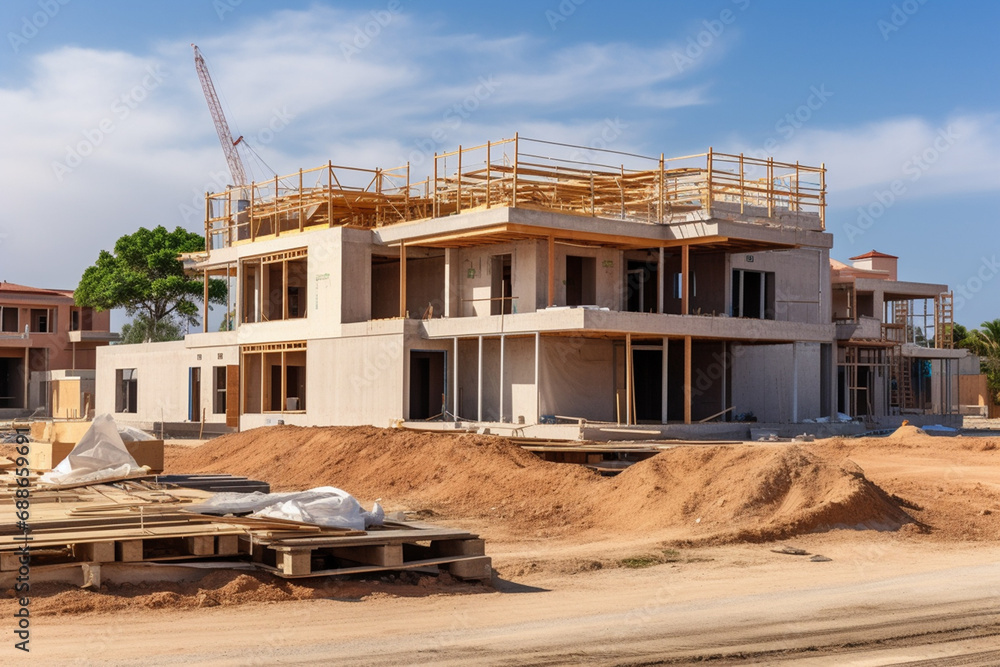 new house emerges into reality, supported by a temporary network of wooden frames and scaffolding in the construction process.