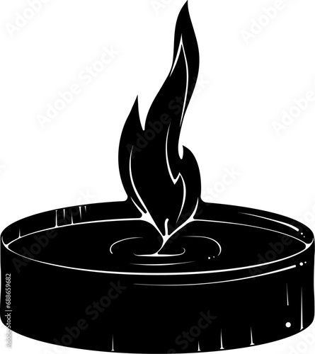 Silhouette of a small round floating candle. Burning tea candle tablet. Close up simple design element. Vector illustrations in hand drawn style isolated on white. Black ink spot graphic.