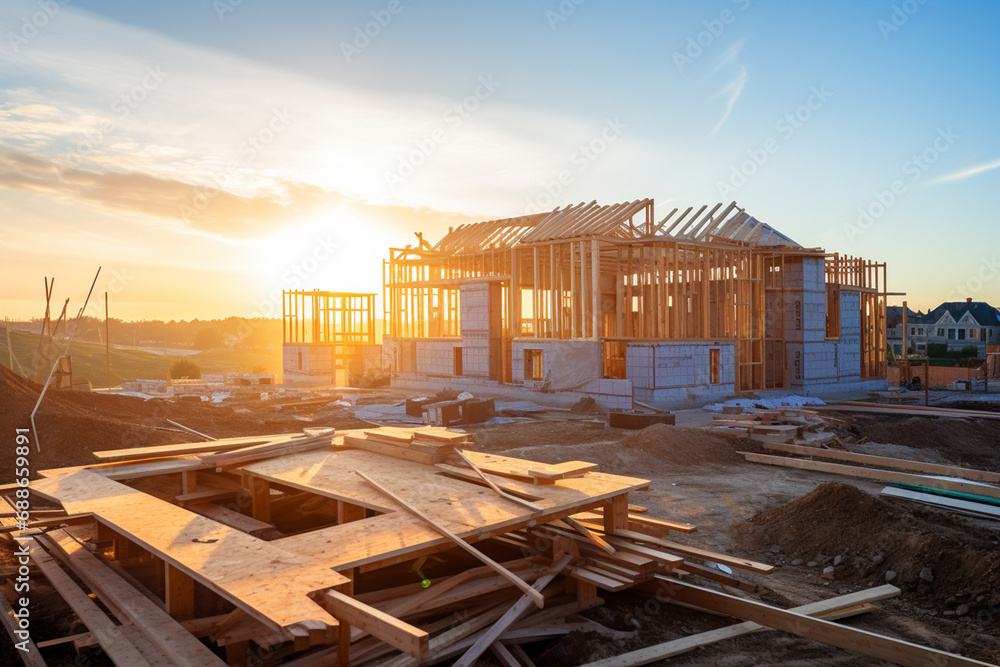 new house emerges into reality, supported by a temporary network of wooden frames and scaffolding in the construction process. new house emerges into reality, supported by a temporary network of wooden frames and scaffolding in the construction process.