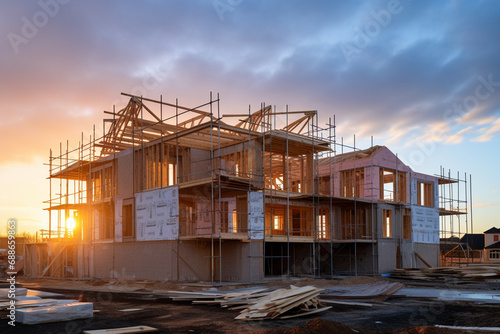 new house emerges into reality, supported by a temporary network of wooden frames and scaffolding in the construction process.