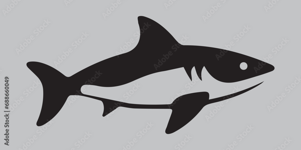 Silhouette of a shark. Black. Vector icon on a gray background Silhouette of a shark. Black. Vector icon on a gray background
