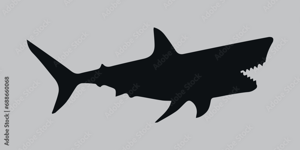Silhouette of a shark. Black. Vector icon on a gray background Silhouette of a shark. Black. Vector icon on a gray background
