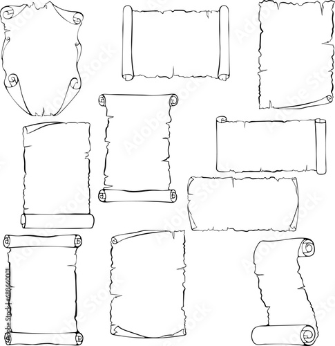Set of scroll old papyrus papers. Ancient scroll with copy space. Vector illustrations in hand drawn sketch style isolated on white. Black outline graphics. Banner parchment with space for text