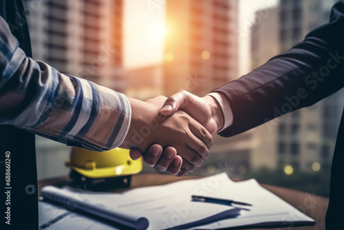 A moment of collaboration takes center stage as real estate agents and customers shake hands in a construction site office with yellow safety helmets on the desk. Generative AI.