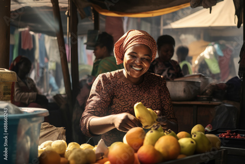 Fototapeta Naklejka Na Ścianę i Meble -  Smiling African grocery seller woman standing at her stall in a market, ready to sell fresh fruits to customers.
