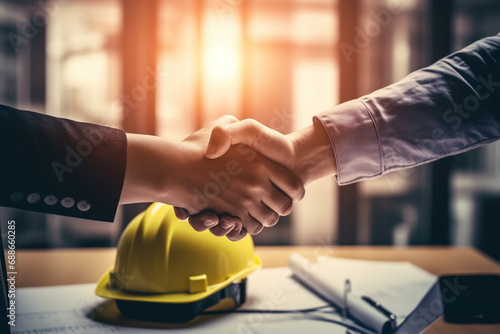 A moment of collaboration takes center stage as real estate agents and customers shake hands in a construction site office with yellow safety helmets on the desk. Generative AI.