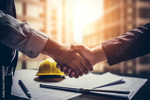 A moment of collaboration takes center stage as real estate agents and customers shake hands in a construction site office with yellow safety helmets on the desk. Generative AI. photo
